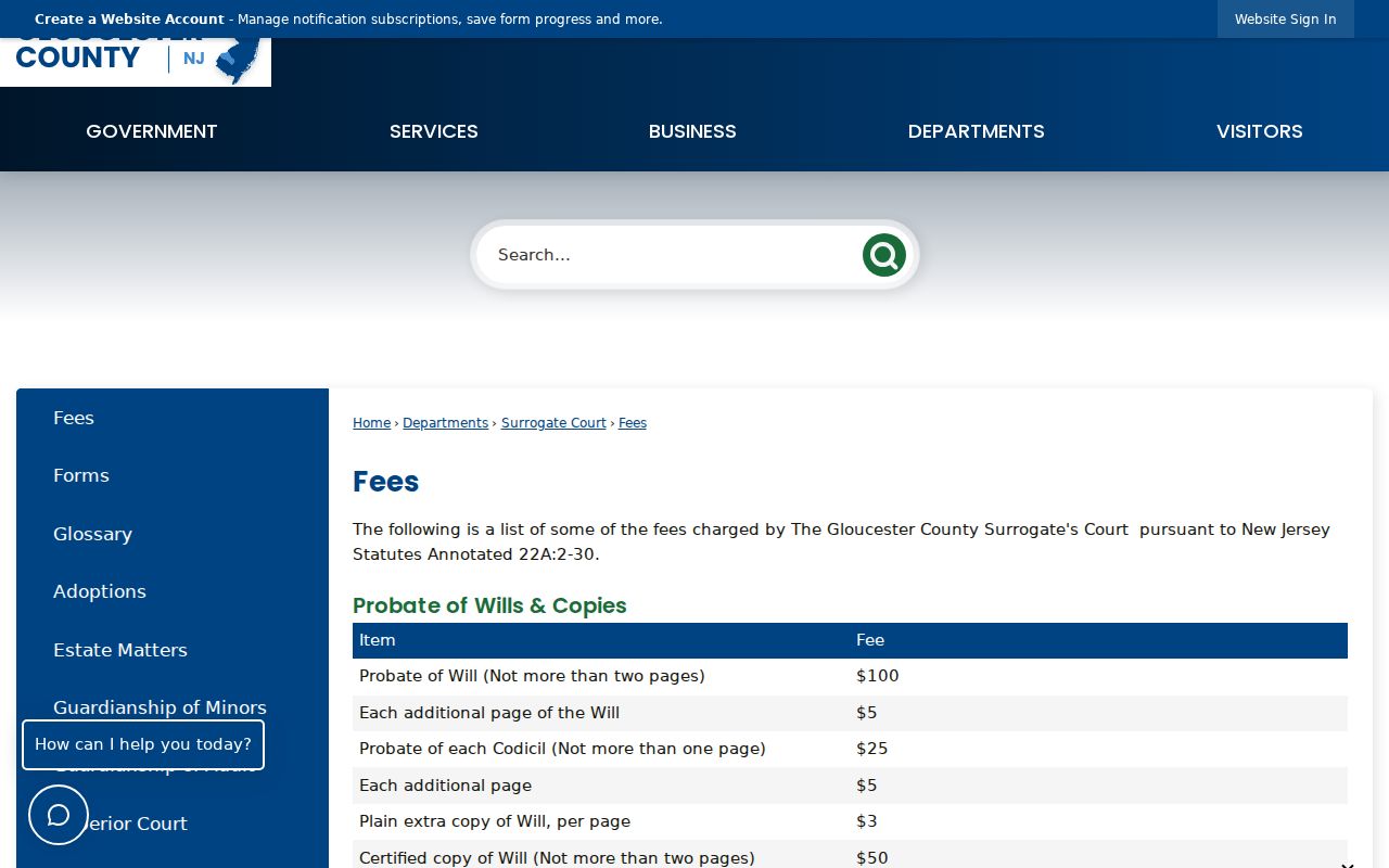 Gloucester County previous residents Surrogate fee schedule